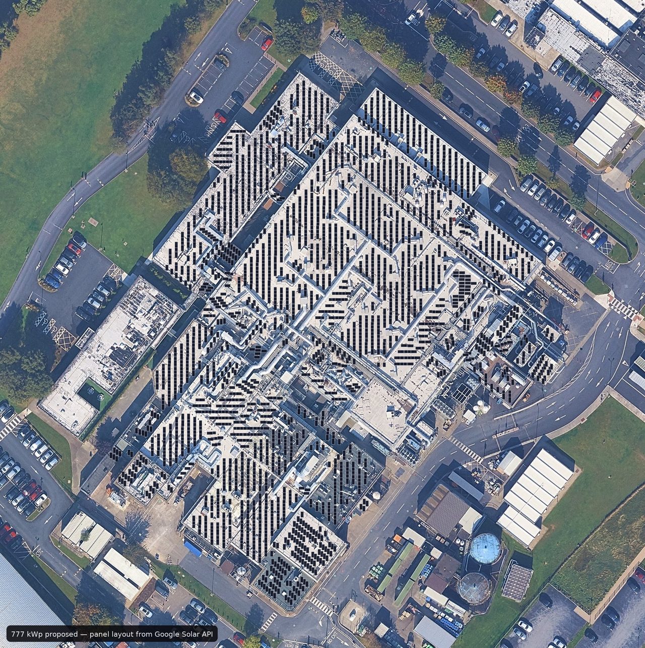 Cropped detail of a commercial solar panel layout generated from Google Solar API on a Munster pharma facility roof.